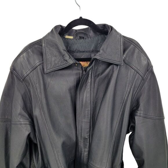 Vintage 80s Leather Flight Jacket M Black Long Belted Hidden Zip Biker Moto - Picture 4 of 16